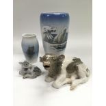 Four Royal Copenhagen items comprising two vases,