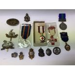 A collection of military badges and medals includi