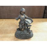 Victorian bronzed spelter figure of a girl feeding