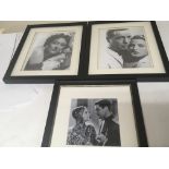 Three well presented Black a d white framed photos of film stars.