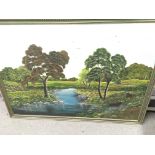 A large oil on canvas of a tree lined river with c