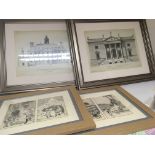 Two well presented framed studies of building facades and three framed japanese wood block prints