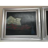 A pair of oil paintings attributed to Chase Valentine in silvered frames. 65x46cm.