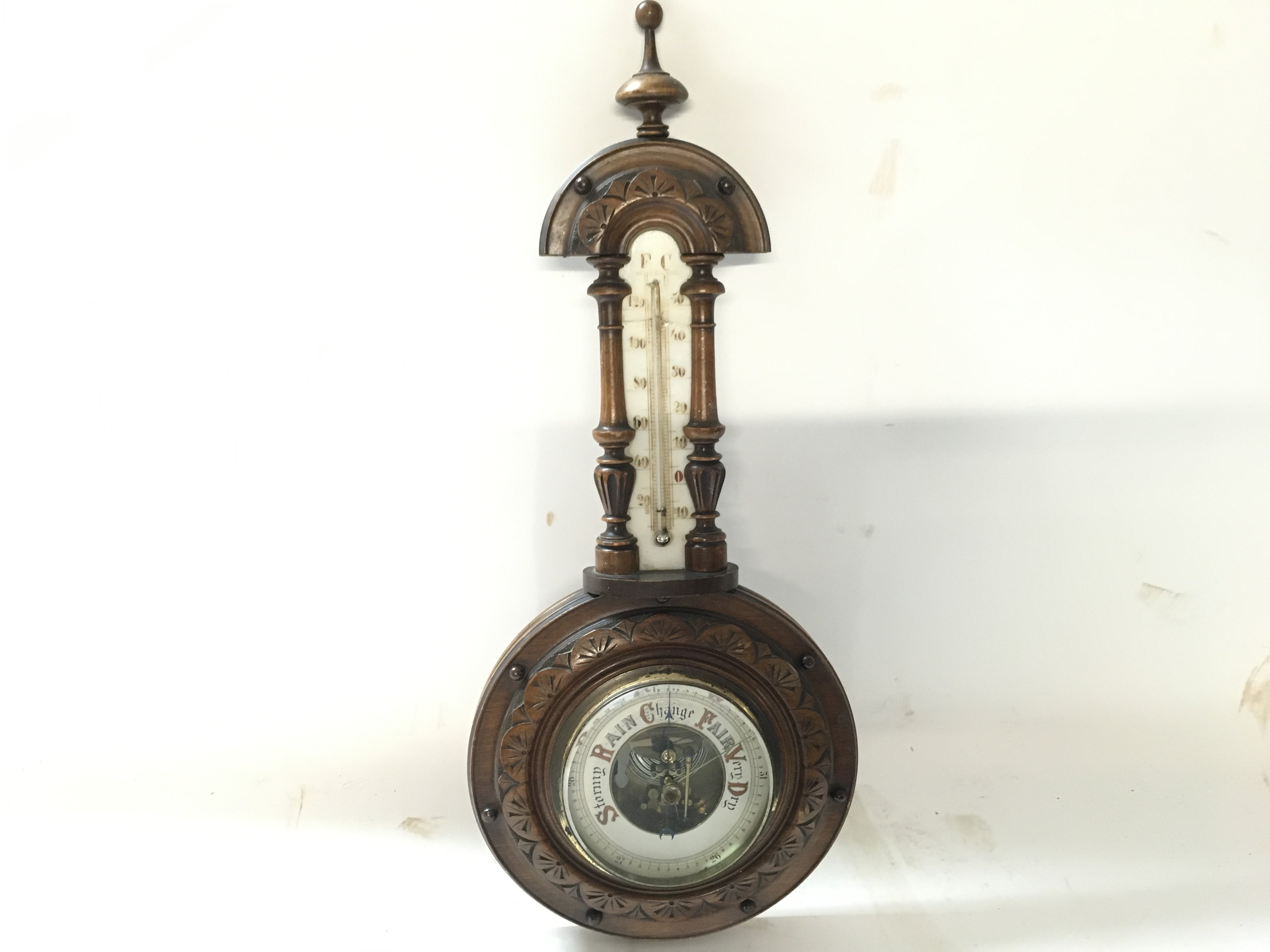 No Reserve: Antique barometer-thermometer in carve