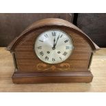 Wooden inlaid mantle clock with key and pendulum
