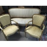 A Walnut French open sofa with two dining chairs (3).