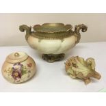 A collection of three Royal Worcester porcelain items comprising jardiniere with scroll handles (