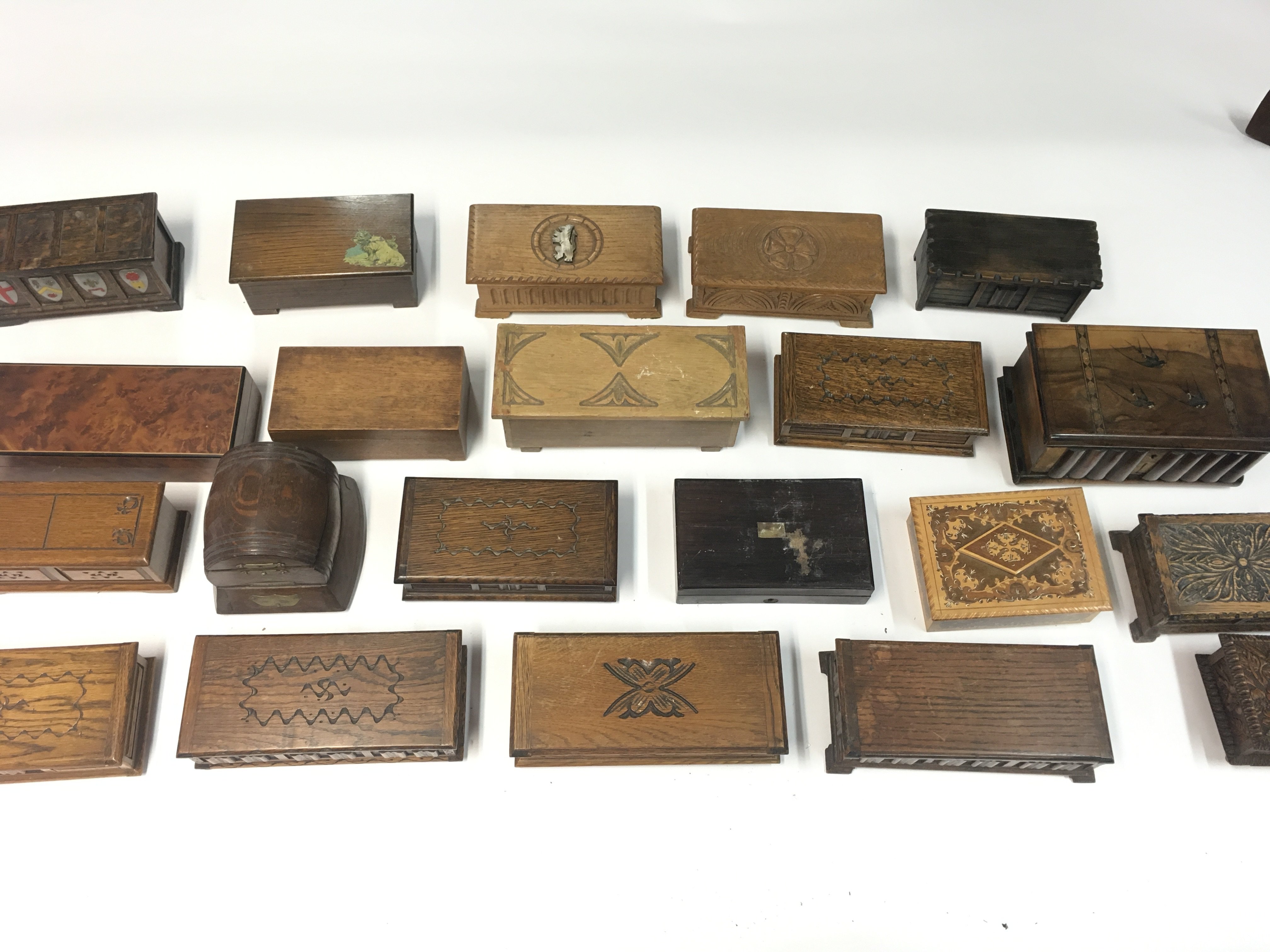 A collection of various music boxes and trinket bo