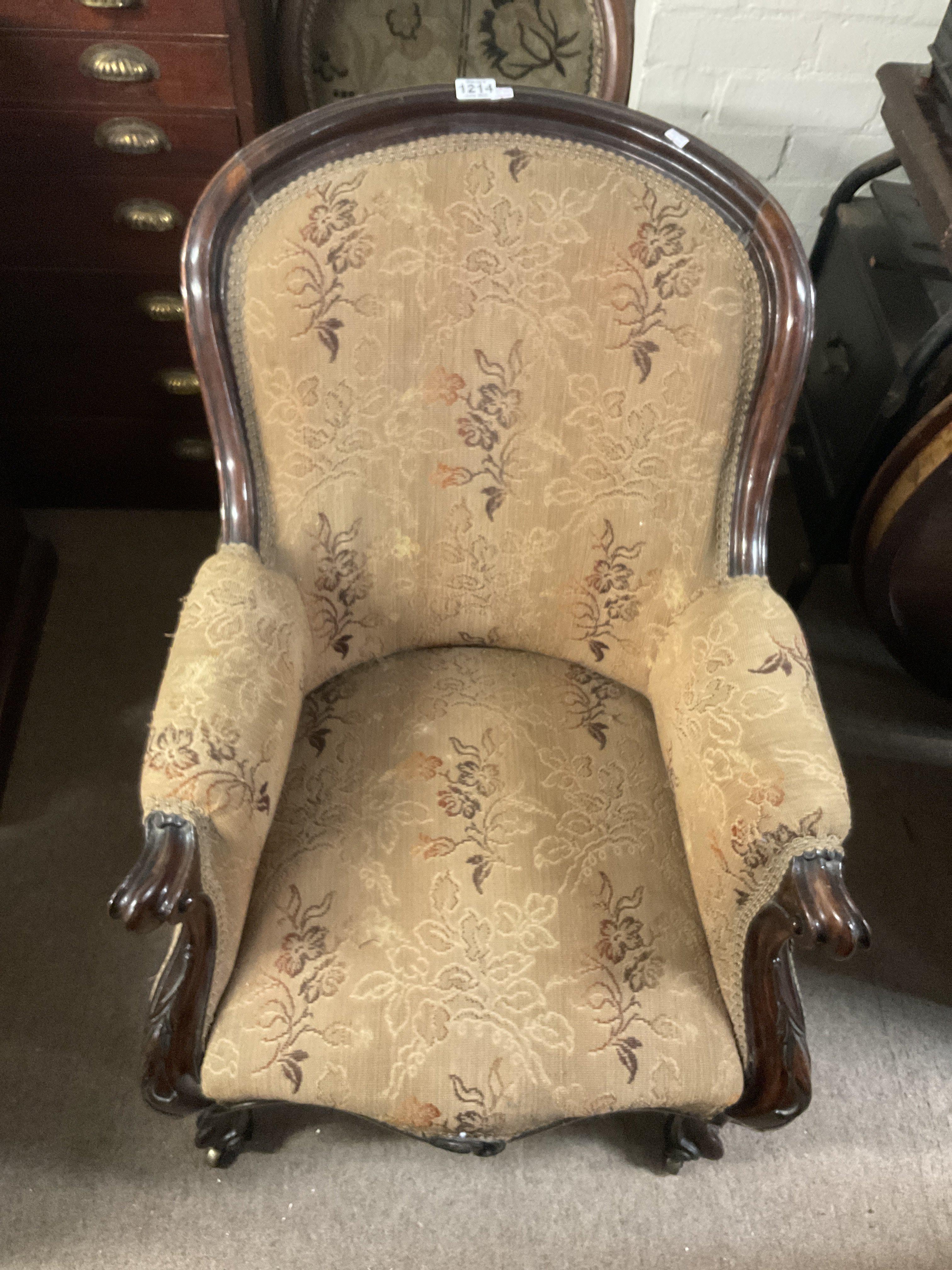 A Victorian open armchair together with a Spoon ba