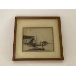 Douglas Stuart, small framed etching of a moored f