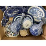 A box of mixed blue and white pottery to include a