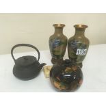 A Japanese cast metal tea pot a pair of cloisonné