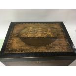 A Victorian sewing box the hinge lid inlaid with a