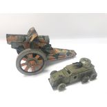Tinplate camophlaged field gun & small tinplate ar