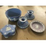 Five items Wedgwood Jasper ware including candlest