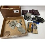 A box of mixed coinage together with 2 WW1 medals