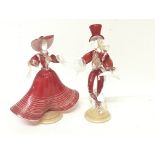 A Pair of red and white glass Murano figures a dancing couple Hight 25cm.