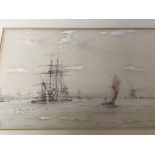 A framed watercolour depicting a moored British Navy Battleship with canons on the Thames with other