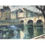 A French oil painting of impressionist influence river bridge and buildings Pont Marie signed Yves