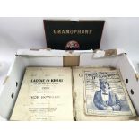A box of antique sheet music and a scarce gramopho