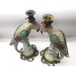 Pair bronze & porcelain parrot candlesticks