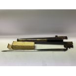 2 Military issue bayonets, early sword (in poor condition) a Falcon boxed 3 draw pocket telescope.
