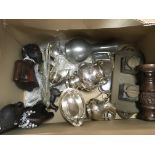 A box containing a collection of mainly silver plated items.