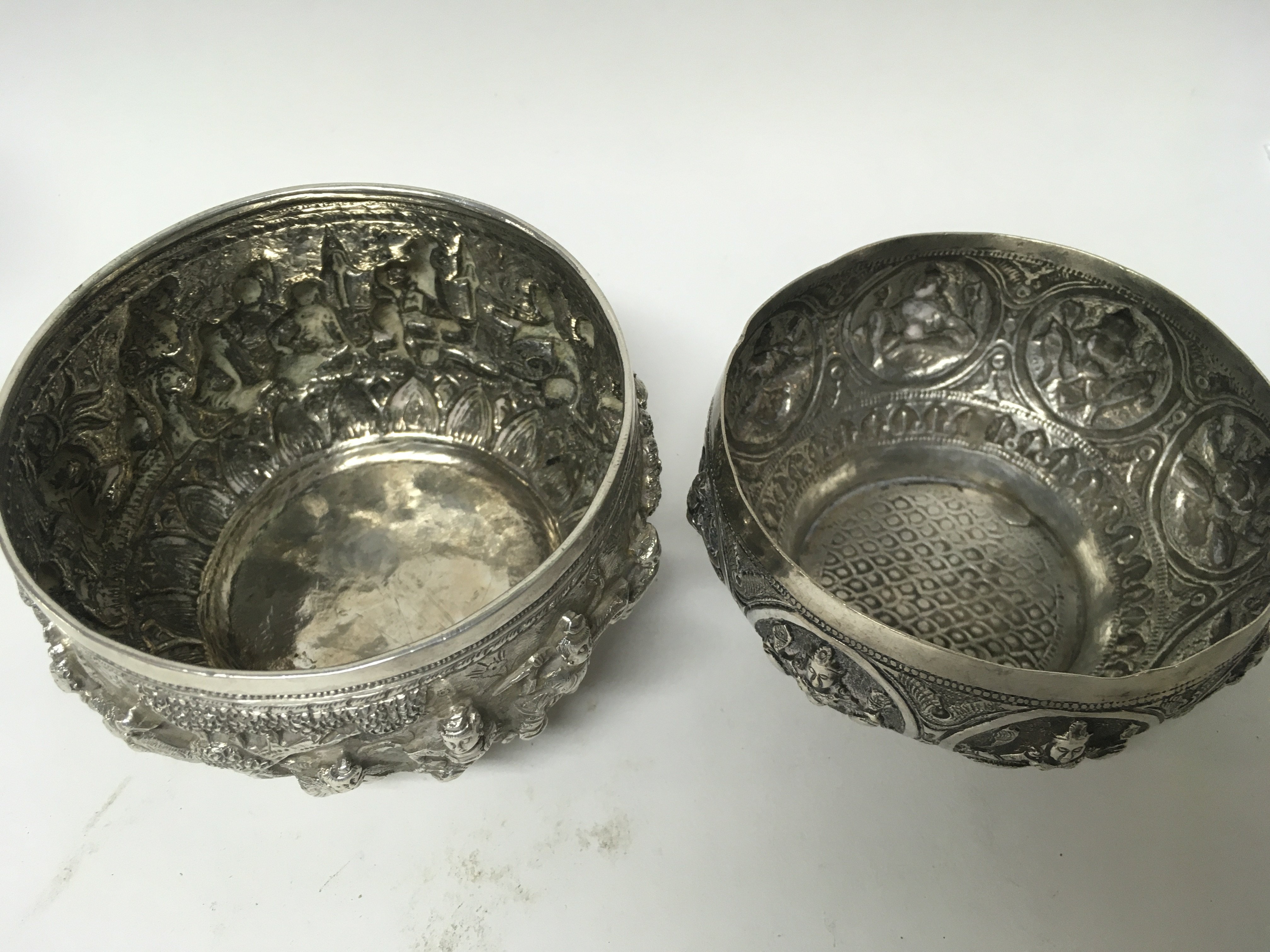 Two Indian white metal bowls with raised deity . - Image 3 of 4