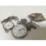 Two silver cased pocket watches with attached silv