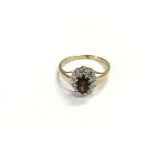 A 9ct gold, oval garnet and diamond cluster ring,