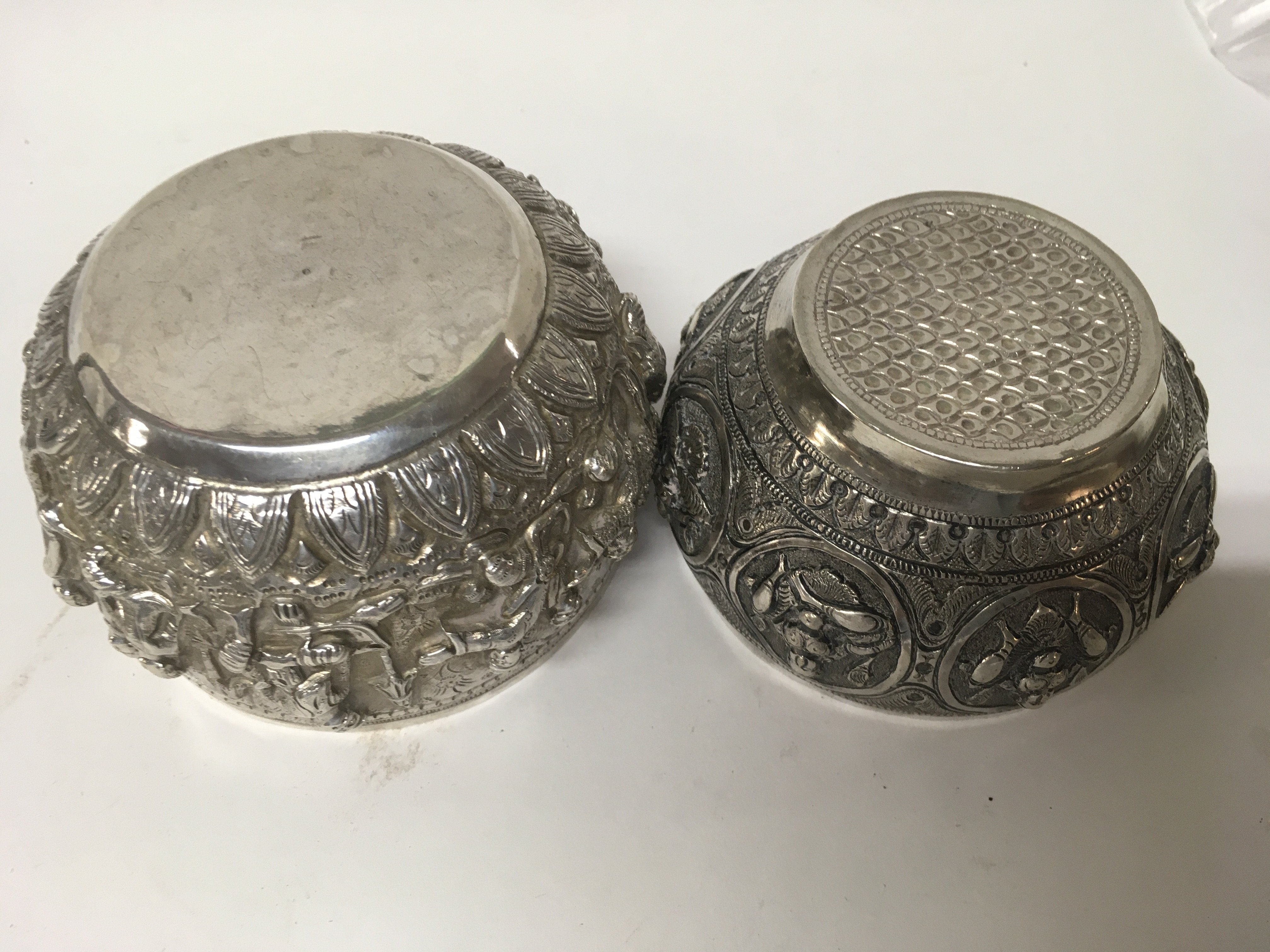 Two Indian white metal bowls with raised deity . - Image 4 of 4