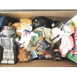 A Box Containing various Playworn toys Including Robots. Dolls. a Golly. Etc.