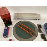 Collection of Hornby Dublo railway accessories including rail points..water tank..turntable..cars
