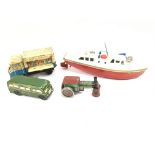 4 Tin Plate toys including a Chad Valley Clockwork Snack Bar. A Chad. Valley Bus. A Wells steam