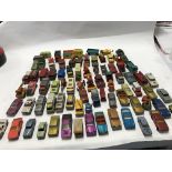 Collection of playworn model vehicles by various manufacturers including corgi.dinky and lesney