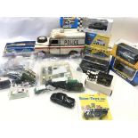 A Box Containing A Collection of Plastic and Die cast Vehicles and a Tin Police Land Rover.(Box13).