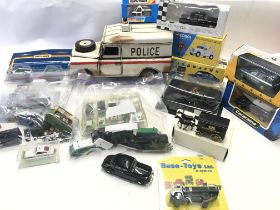 A Box Containing A Collection of Plastic and Die cast Vehicles and a Tin Police Land Rover.(Box13).