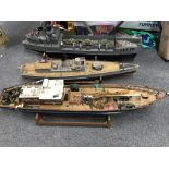 3 X Scratch built Boats on stands including Landing Craft. A Fishing Boat and HMS Wasp. Approx