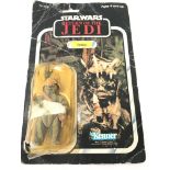 A Vintage Star Wars Return Of The Jedi Carded Teebo Figure.79 Back. Card is Worn and Blister Is