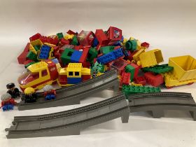 A Box Containing a Vintage Lego Train Set with Tra