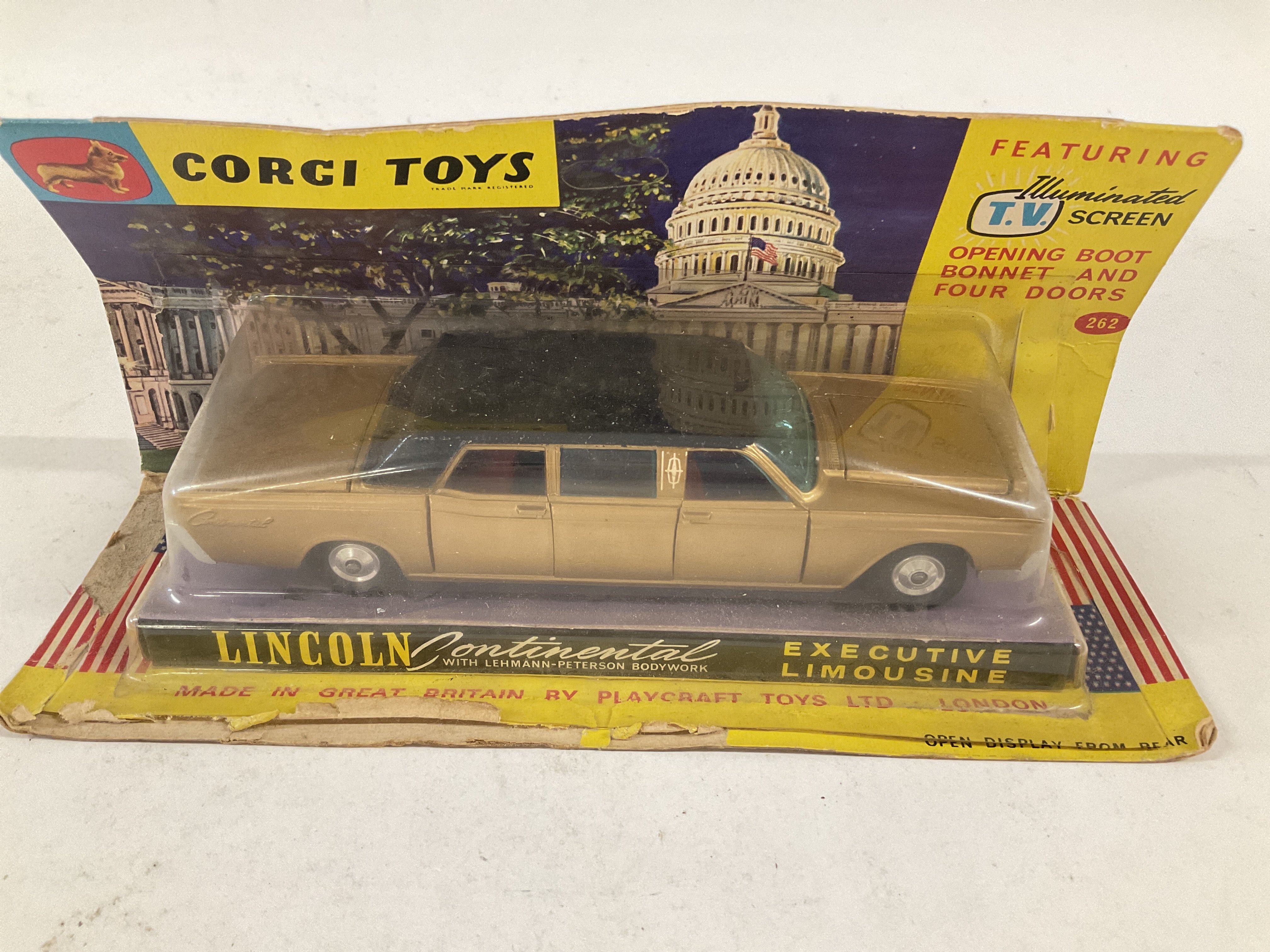 A Boxed Corgi Lincoln Continental #262. Box is worn.