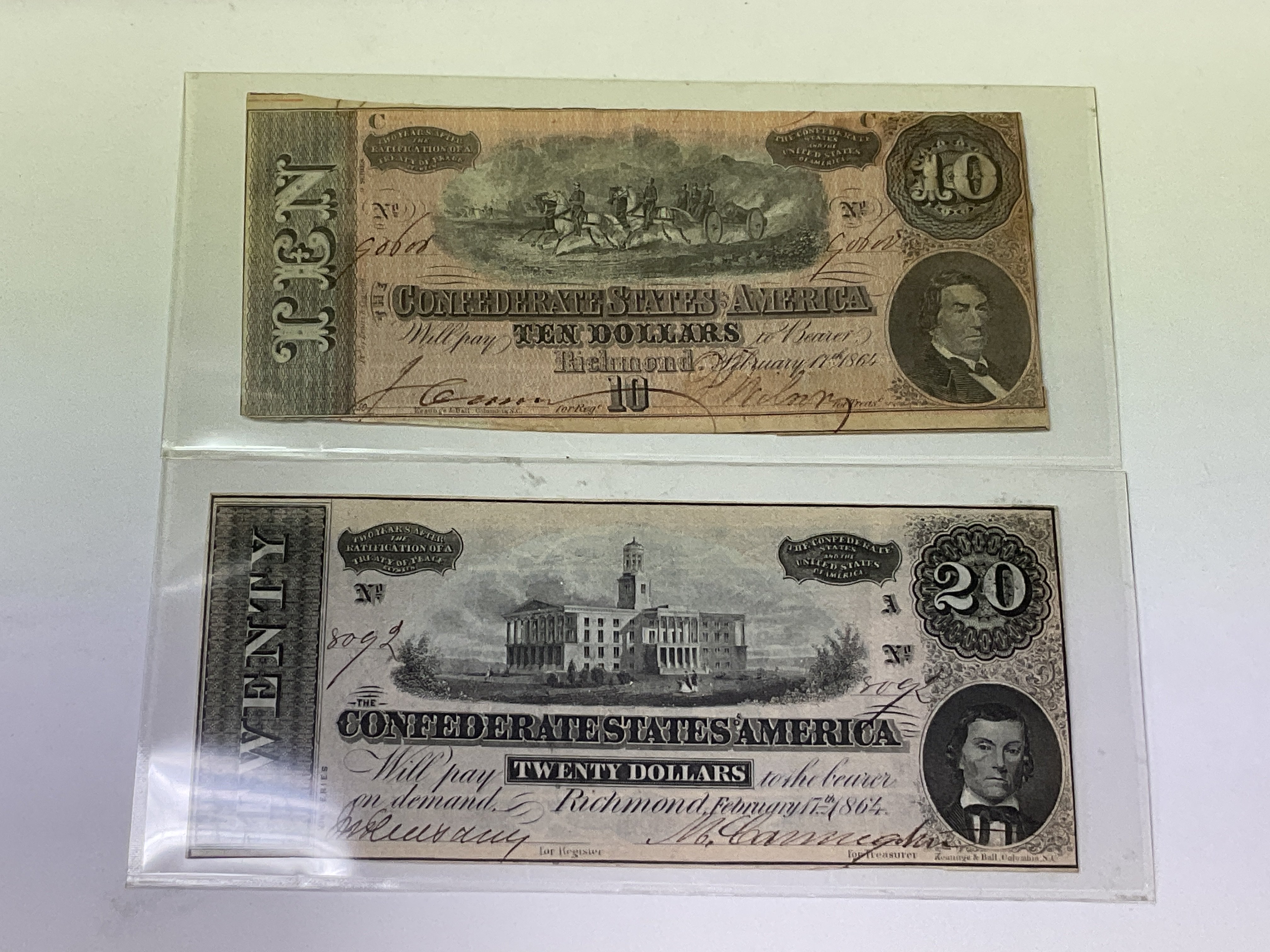 2 American Confederate banknotes 10/20 Dollars 186