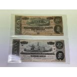 2 American Confederate banknotes 10/20 Dollars 186