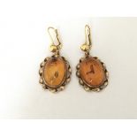 A pair of oval amber drop earrings in gold