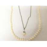 A cultured pearl necklace and one other silver and pearl pendant with chain (2)