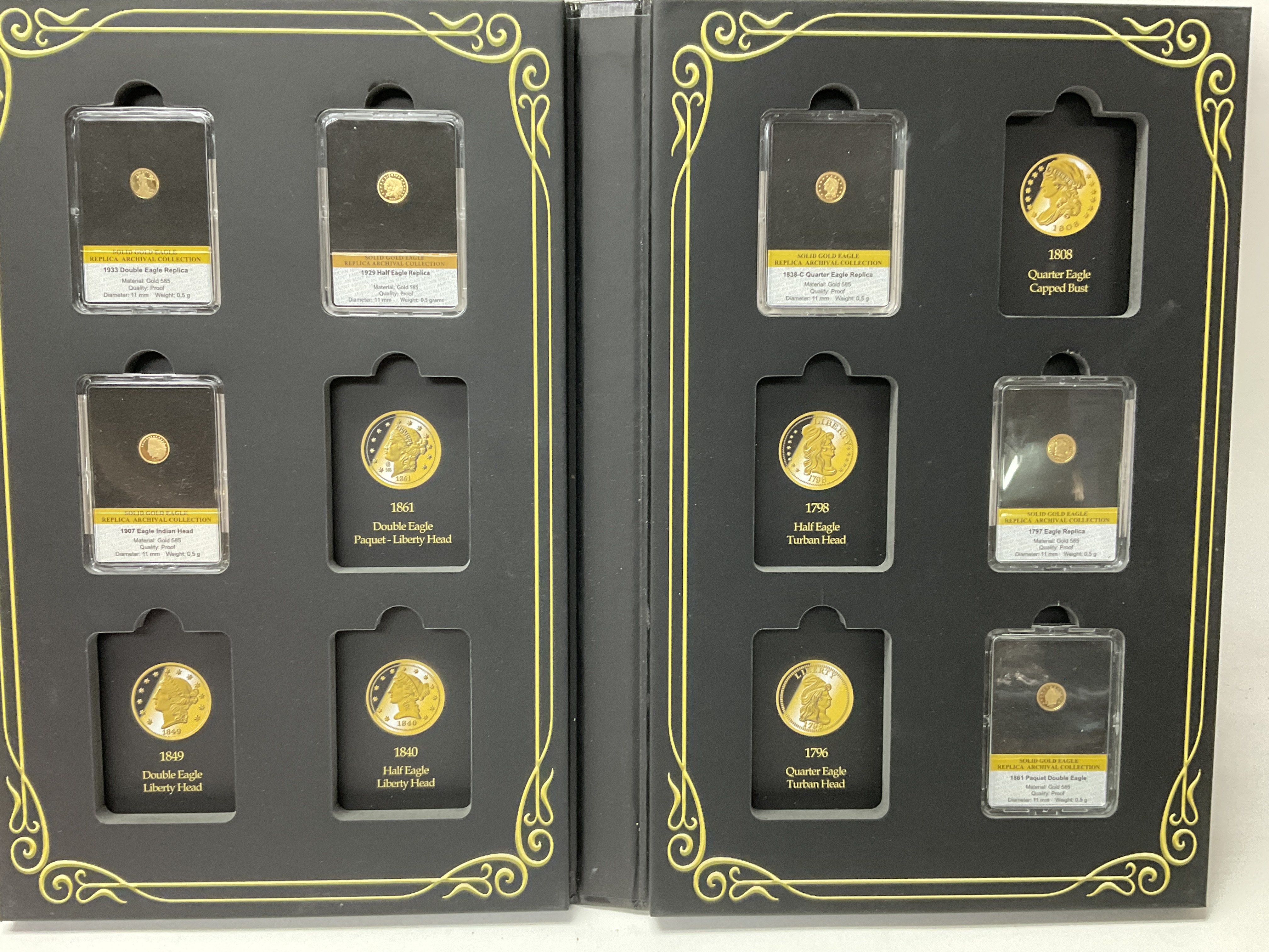 Gold Eagle replicas, 6 14K gold 0.5g miniature cas