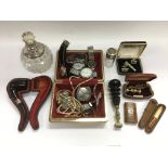 A collection of watches, silver topped scent bottl