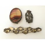 Silver citrine bracelet, a gate brooch & a marcasi