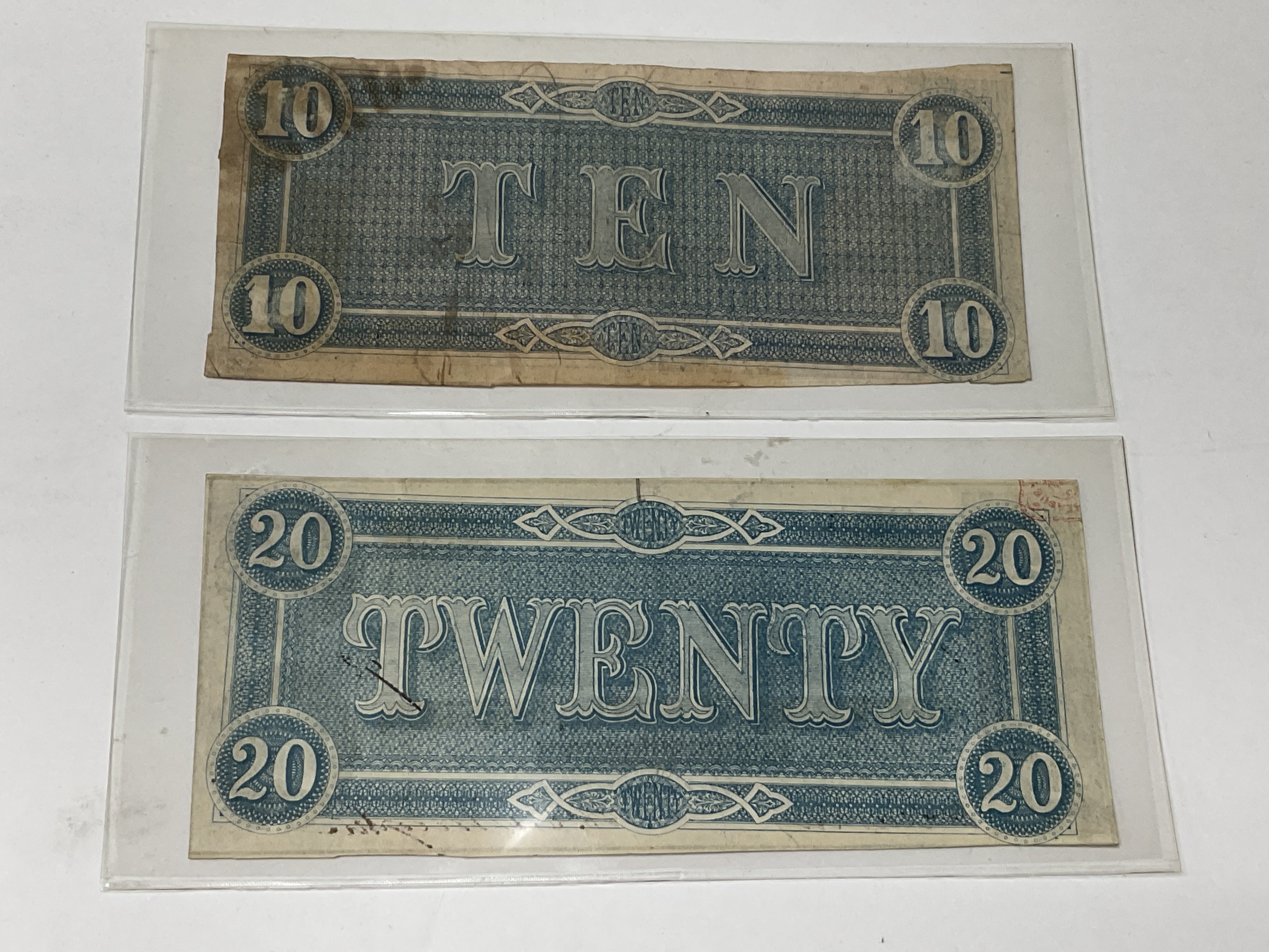 2 American Confederate banknotes 10/20 Dollars 186 - Image 2 of 2