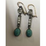 A pair of Antique diamond and turquoise drop earri